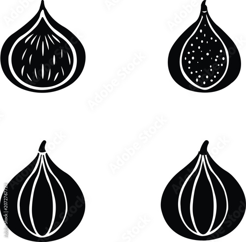 Foto A set of Four black illustrations of figs in different stages of ripeness and detail simple line