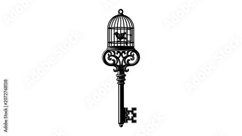 Schilderij op canvas Victorian Key with Birdcage: An ornate Victorian-style key with an antique birdcage perched atop, featuring a silhouetted bird inside, symbolizing freedom or confinement