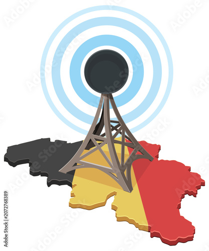 Isometric map of Belgium textured with national flag, featuring a radio tower emitting signal waves for wireless communication, data broadcast, and media coverage (cut out).