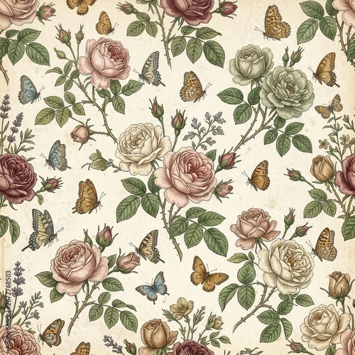 Seamless pattern of roses and butterflies