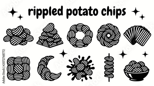Konstfotografi Pile of crispy ripple potato chips vector collection, snack food illustration isolated for party, picnic, fast food, restaurant menu, and packaging design
