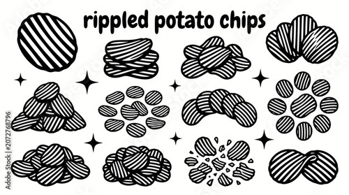 Obraz na płótnie Pile of crispy ripple potato chips vector collection, snack food illustration isolated for party, picnic, fast food, restaurant menu, and packaging design