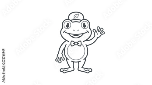 Friendly cartoon frog waving with hat and bowtie.