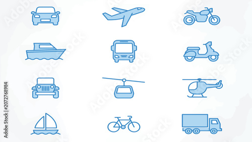 Set of simple blue transportation icons including cars planes boats and bicycles for travel and logistics design projects Vector