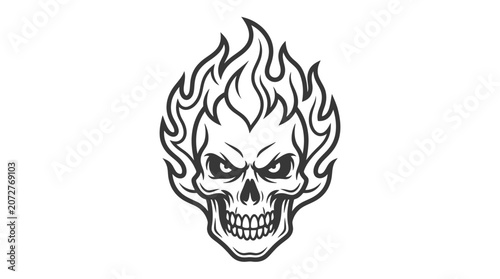 Human skull engulfed in flames line art.