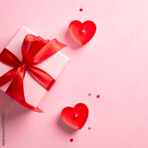 Elegant gift box with red ribbon and heart shaped candles