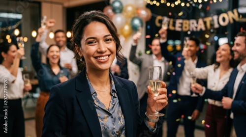 Cheerful Young Businesswoman Holding Champagne Glass at Corporate Party Celebration