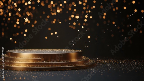 Golden podium with dots and sparkling lights on black background