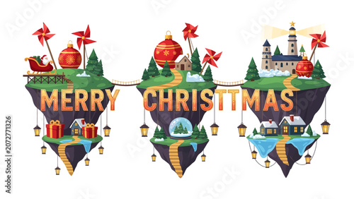 Foto Whimsical Christmas Islands: A magical, floating island chain adorned with festive Christmas decorations, including a sleigh, baubles, lanterns, and quaint villages