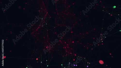 Cinematic 4K seamless loop of a glowing glitch neural network of swarm nodes firing and connecting in a seamless plexus drifting in hypnotic slow motion.