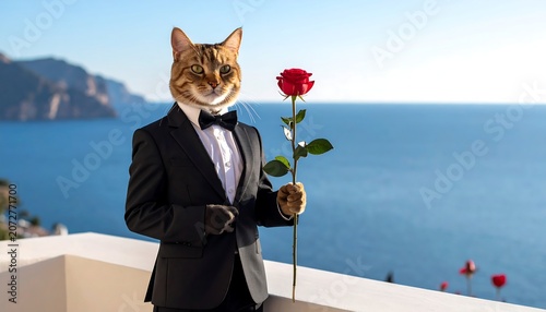 A cat in a tuxedo holds a rose, ocean view