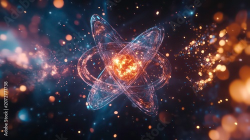 A vibrant depiction of an atom surrounded by glowing particles representing energy in a captivating digital format