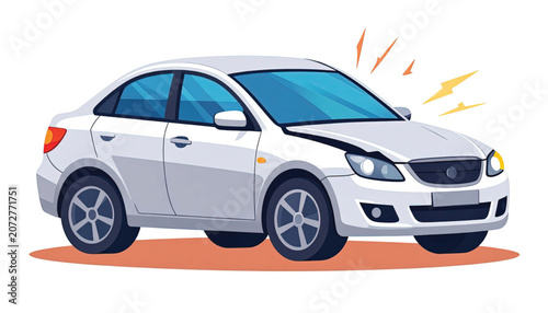 White sedan car with damaged front.