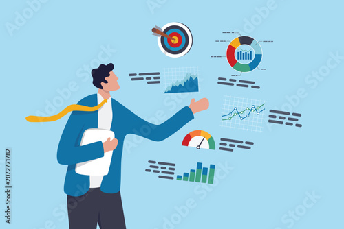 Explainer presenting presentation with data analysis graph, chart diagram, showing information demonstrate performance communicate, businessman with tablet explain details of chart and graph data.