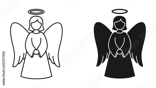 Obraz na plátně Angel Illustration Pair: A striking illustration featuring a pair of angels, one in outline and the other in silhouette, both depicted with iconic halos and feathered wings
