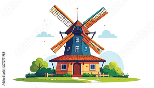 Windmill with orange roof and blades.