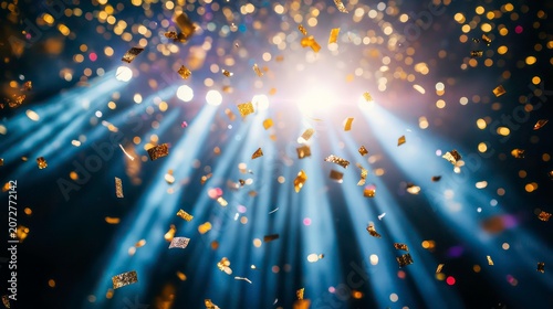 A dazzling display of golden confetti falling gracefully under bright spotlight beams during a festive celebration