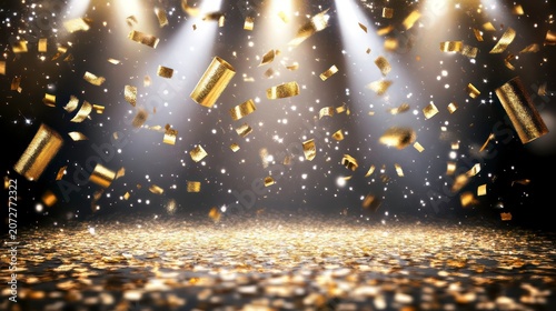 A dazzling display of golden confetti falling gracefully under bright spotlight beams during a festive celebration