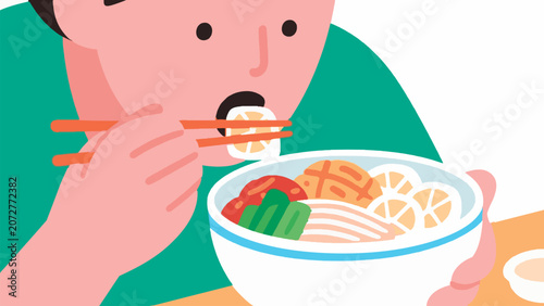 Flat vector illustration of a bowl of ramen noodles with chopsticks