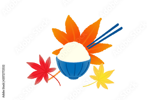 Photos 日本の秋の味覚　茶碗に盛られた新米と紅葉のイラスト