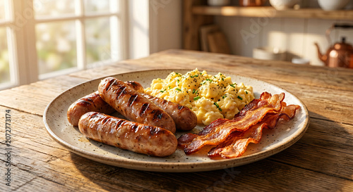 Sausages, Scrambled Eggs, and Bacon on a Plate in a Sunlit Kitchen Breakfast Setting