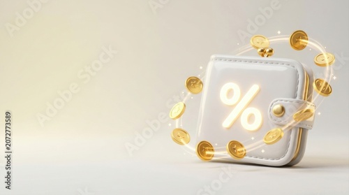 Glossy wallet with percentage sign and orbiting coins
