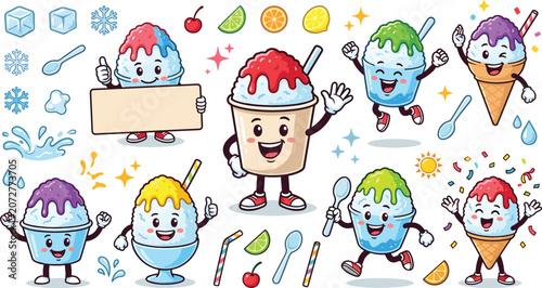 Cuadro en lienzo Shaved ice mascot cartoon characters set with funny snow cone cups and summer de