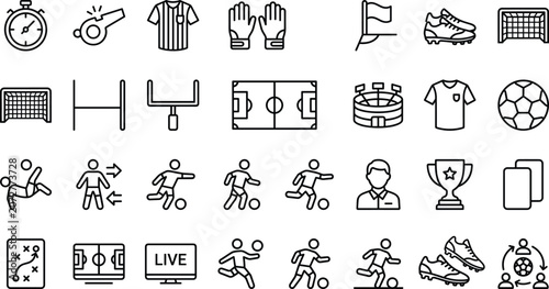 Bild auf Leinwand Soccer and football thin line icons set containing stadium ball referee field trophy and match broadcast symbols