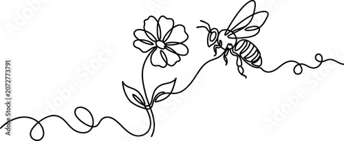 Tableau sur toile Continuous one line drawing of flaying bee
