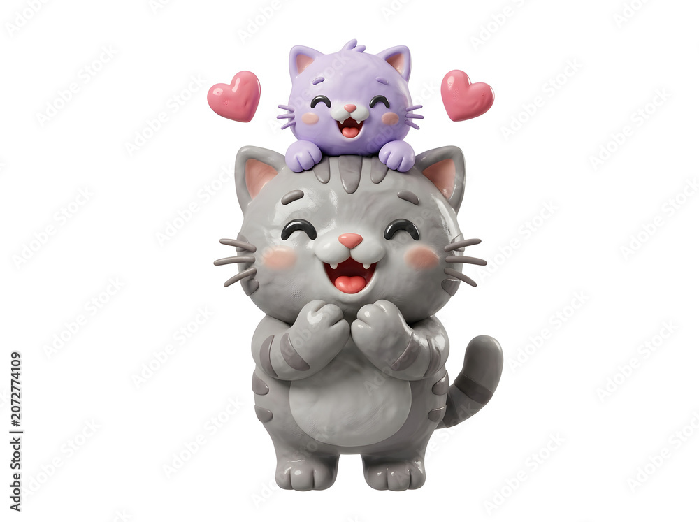 Fototapeta premium Cute grey cat holding small purple kitten 3D icon with affection