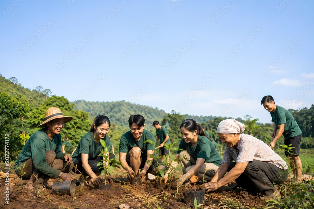 Fototapeta premium group of people Diverse group of happy volunteers planting young trees together in a reforestation project, environmental conservation concept