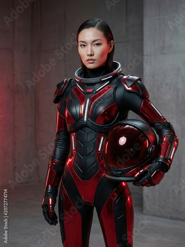Woman in futuristic red chrome spacesuit