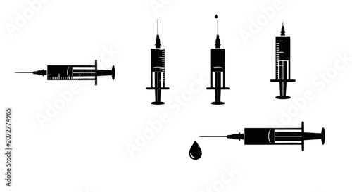 Medical syringe and hypodermic needle silhouettes set.