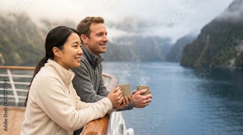 Happy diverse couple holding coffee mugs on cruise ferry deck enjoying scenic view of Cook Strait, New Zealand travel concept. 