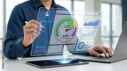 Business professional using KPI dashboard with AI-powered performance analytics, revenue tracking charts, and project timelines to evaluate financial progress and digital workflow in corporate .