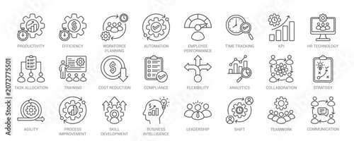 Foto Workforce Optimization outline vector icon set featuring workforce planning, productivity, efficiency, automation, employee performance, KPI, analytics, business intelligence concepts