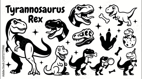 Photos Tyrannosaurus Rex dinosaur vector collection, prehistoric creature illustration isolated for paleontology, ancient history, fossil studies, museum education, and Jurassic era themes