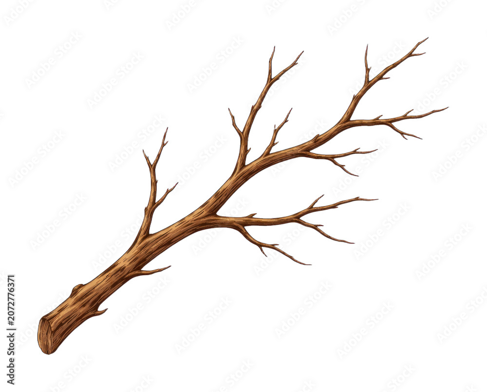 Fototapeta premium PNG Illustration of a bare tree branch on white background.