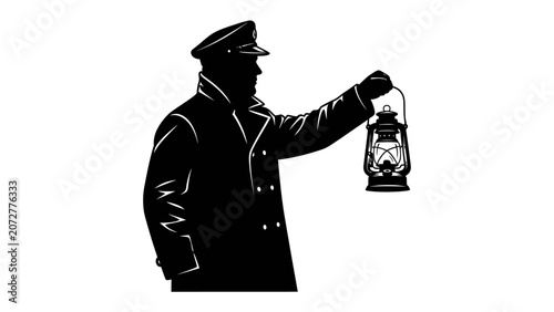 Schilderij op canvas Lighthouse Keeper's Vigil: A silhouette of a solitary lighthouse keeper in uniform holds an antique lantern, casting a warm glow, symbolizing guidance and safety on a dark night