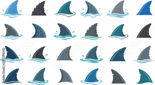 Foto Shark fin vector icons set with blue ocean waves marine wildlife predator silhou