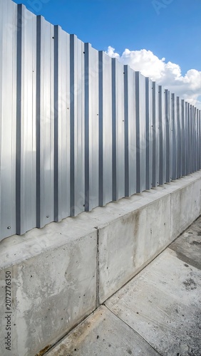 Corrugated metal fence section with concrete base and blue sky