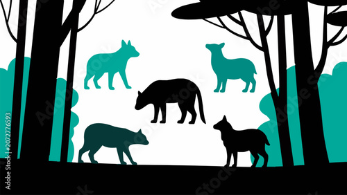 Flat vector illustration of wild animals in a stylized forest landscape