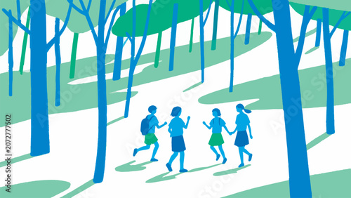 Children playing together in a forest, flat vector illustration