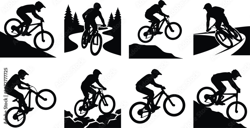 Naklejka premium Mountain Bike Rider Silhouette Icons Collection Extreme Cycling Adventure Vector Set