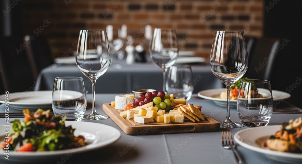 Fototapeta premium Gourmet cheese platter with grapes and crackers served on a dining table with wine glasses in a restaurant.