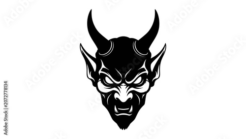 Quadro em tela Demonic Visage: A stark black silhouette of a devil's face, characterized by sharp horns, piercing eyes, and bared teeth, embodying a sense of malevolence and dark fantasy