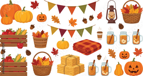 Obraz na płótnie Autumn harvest vector icons set with pumpkins corn hay bales cider mugs blankets