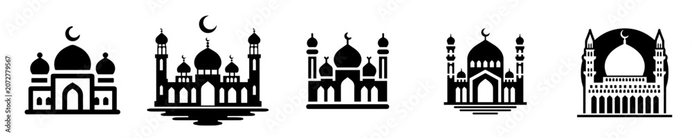Fototapeta premium Mosque icon set vector illustration, Islamic building black silhouette collection