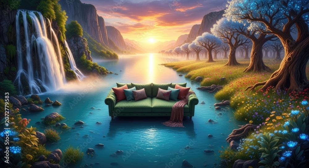 Obraz premium Surreal fantasy landscape with waterfall and floating green sofa.