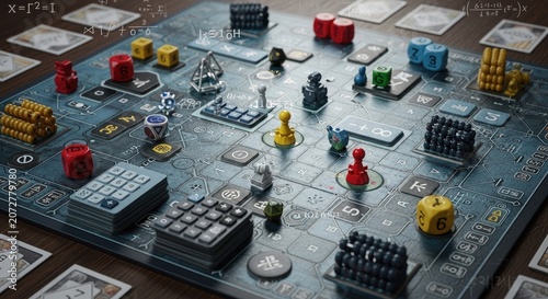 Complex tabletop board game with colorful pieces and dice.
